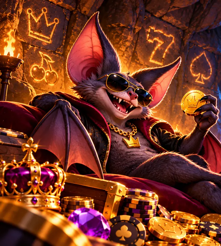Bat mascot in sunglasses lounging on a throne of gold coins inside a moonlit cave