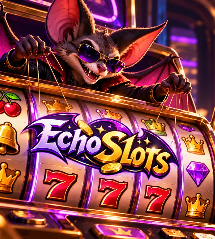 Bat mascot pulling the strings of a giant gold slot machine while a player celebrates